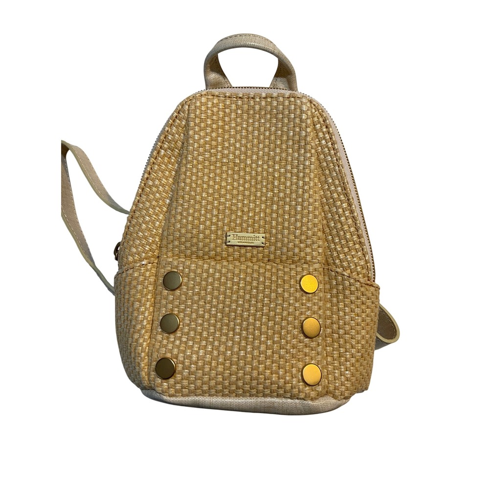 Hammitt Hunter Woven Raffia Mini Backpack Tan Cream Gold Rivets Bag